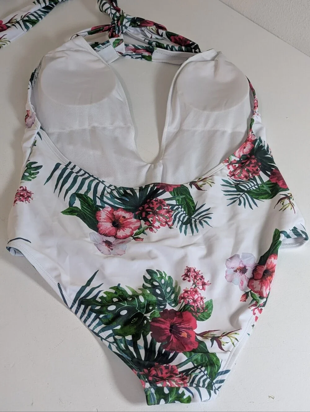Floral Womens Swimwear Size L Halter Neck Monokini Tropical White Green Cut Out